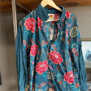 Anthropologie Floral Button-Up Shirt with Lace Details